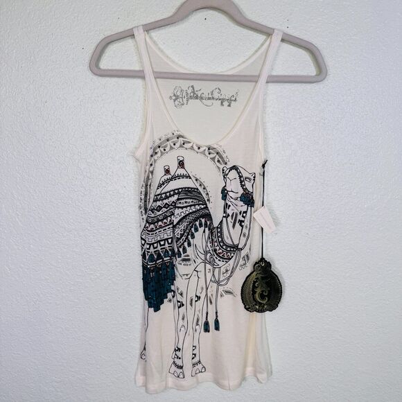 Key Closet Top Women Small Camel Swarovski Crystal Rhinestone Tank Tee White NEW - Picture 1 of 10